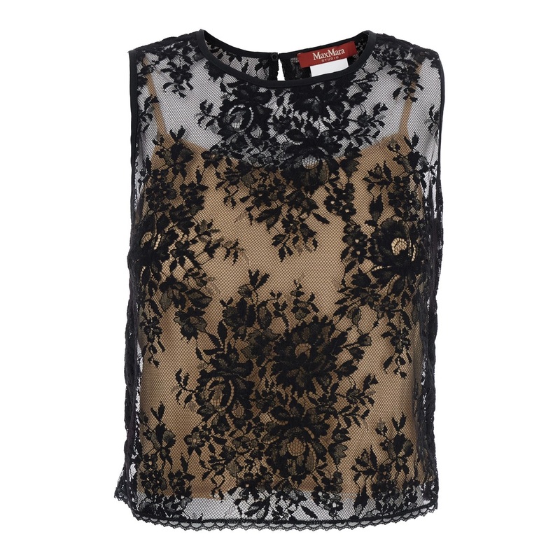 ‘Baschi’ Black Top with All-Over Floral Embroidery and Built-In Undergarment in Cotton Blend Woman