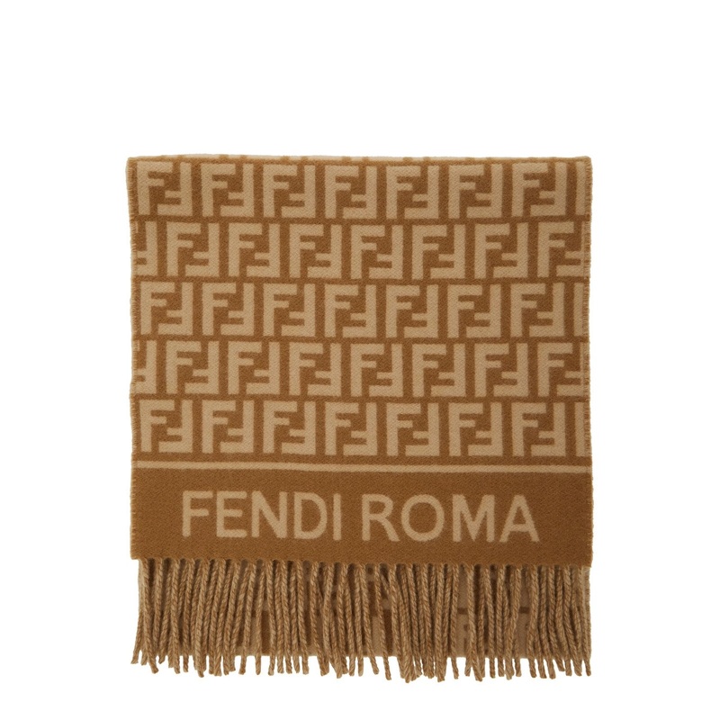 Beige Scarf with Logo Lettering on the Front and All-Over FF Motif in Wool Woman