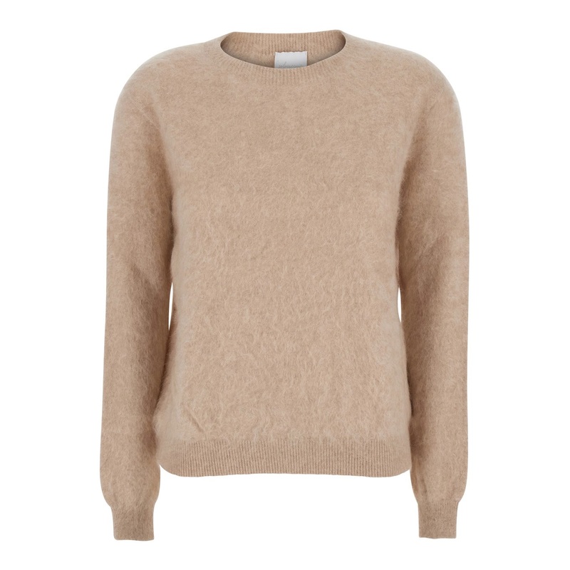 Beige Sweater with Round Neck and Ribbed Trims in Cashmere Woman