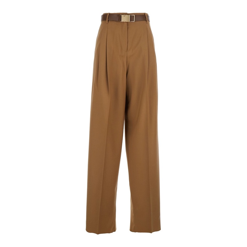 ‘Bergamo’ Brown Pants with Belt and Front Pences in Wool Woman