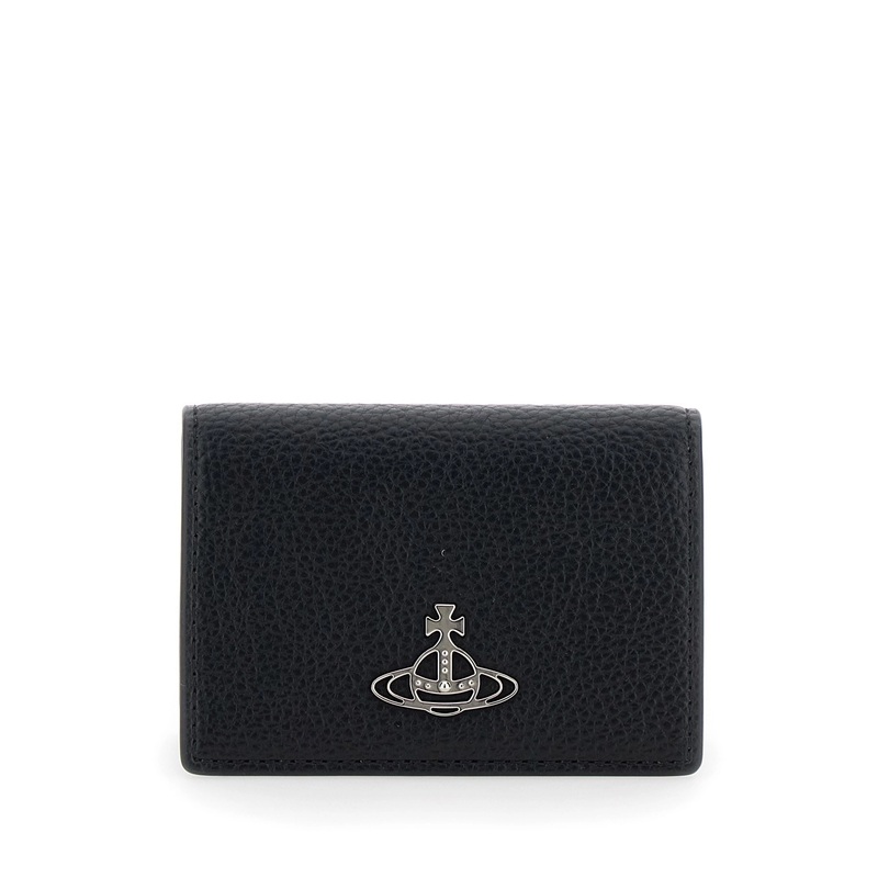 Black Bi-Fold Card Holder with Orb Detail on the Front in Grained Ecoleather Woman