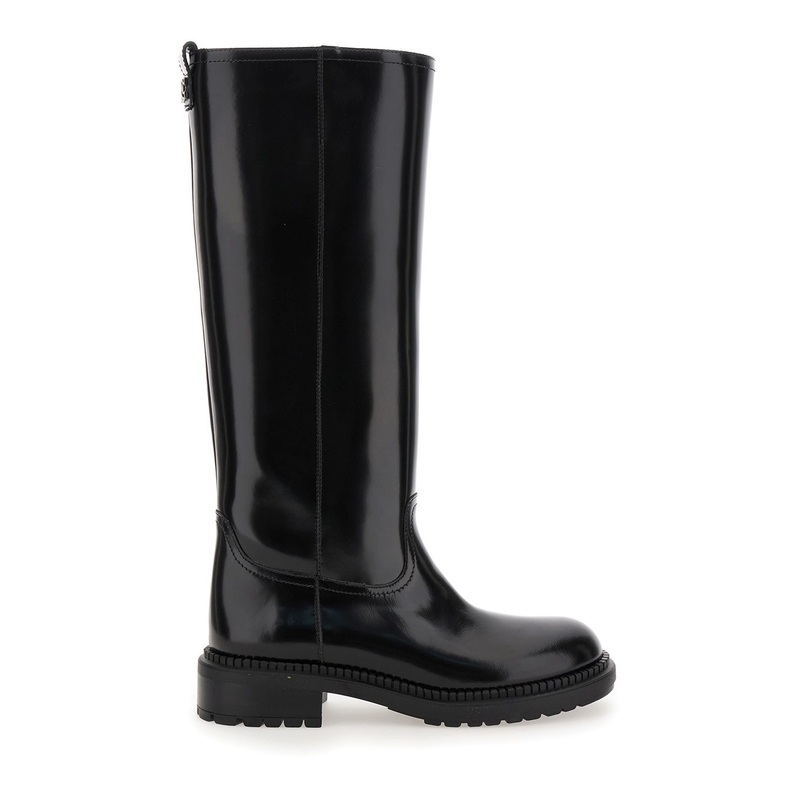 Black Boots with Wide Heel and Zip Closure in Leather Woman