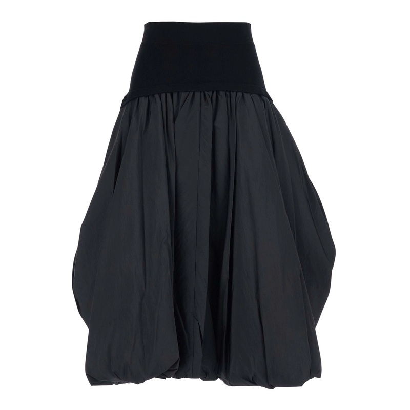 Black Midi Skirt with Elastic Waist and Draped Design in Viscose Woman