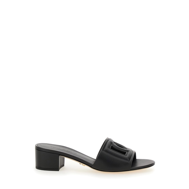 Black Slides with Low Heel and Logo DG  in Smooth Leather Woman