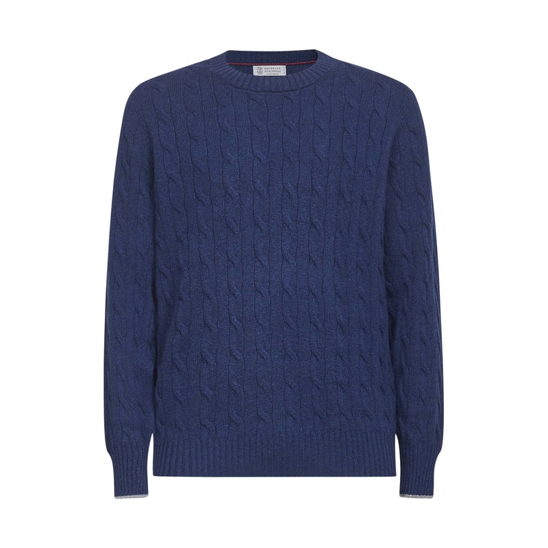 Blue Cashmere Cable-Knit Crewneck Sweater