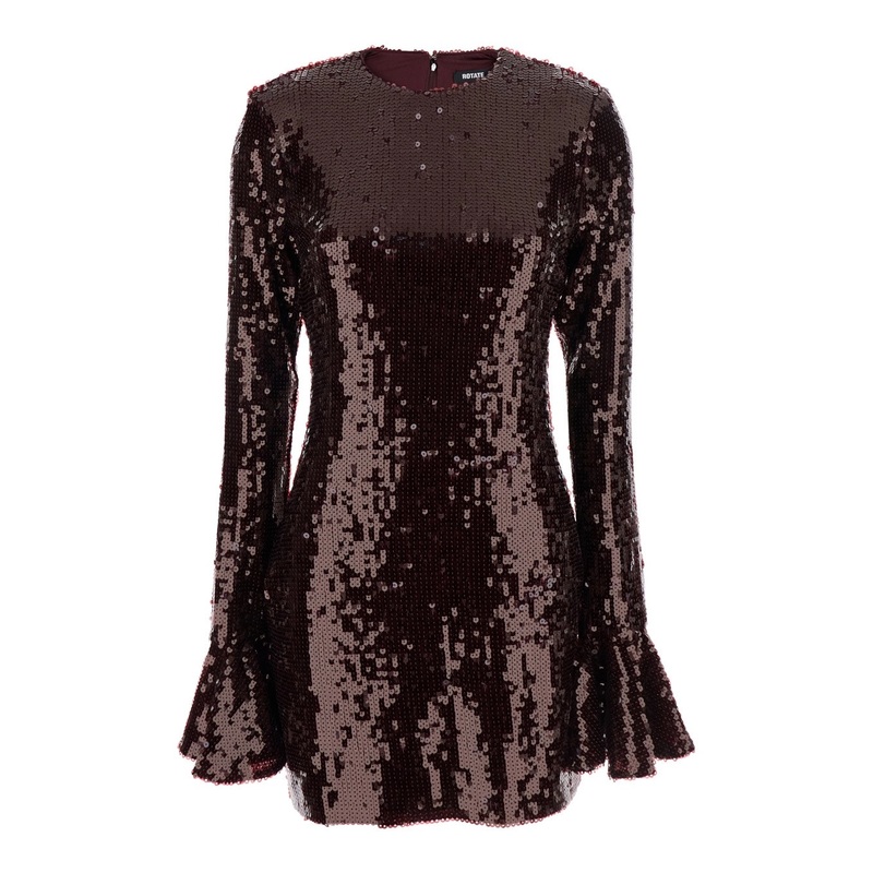 Bordeaux Sequin Crewneck Mini Dress with Flared Sleeves in Tech Fabric Stretch Woman