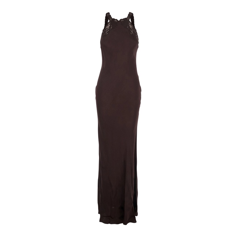 Brown Halterneck Long Dress with Lace Embellishment on the Rear in Viscose Woman