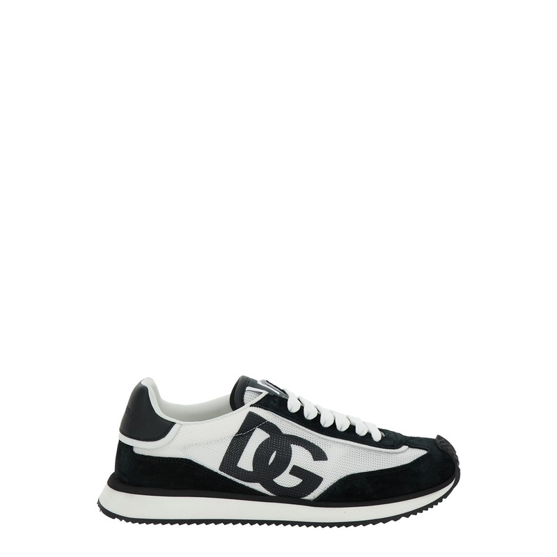 ‘DG Cushion’ White and Black Low Top Sneakers with Logo Print in Mixed Materials Woman
