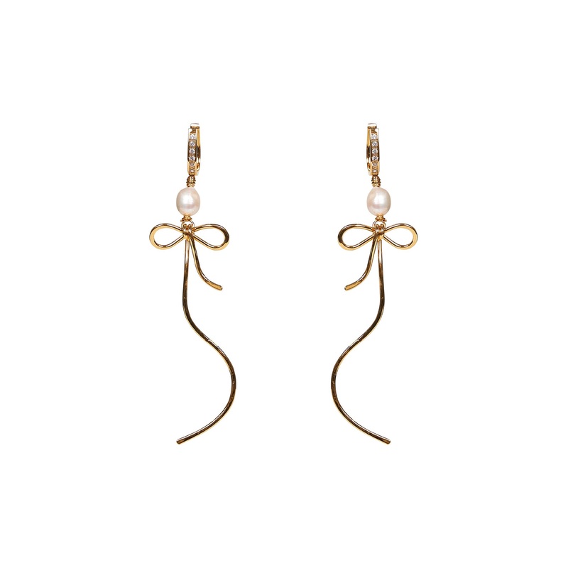 Gold Bow Drop Earrings with Pearl