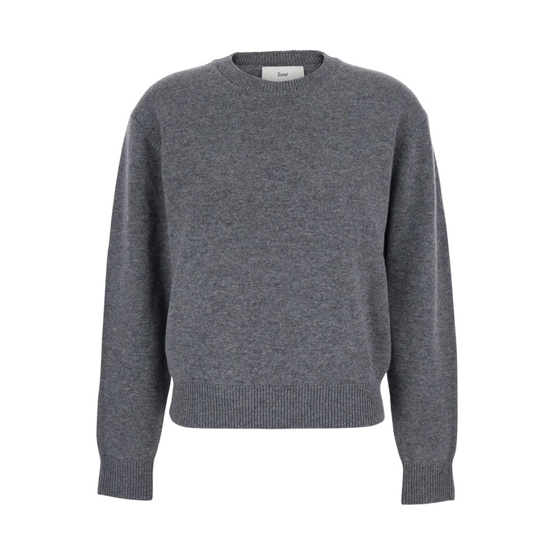 Grey Crewneck Sweater with Ribbed Trims in Cashmere Woman