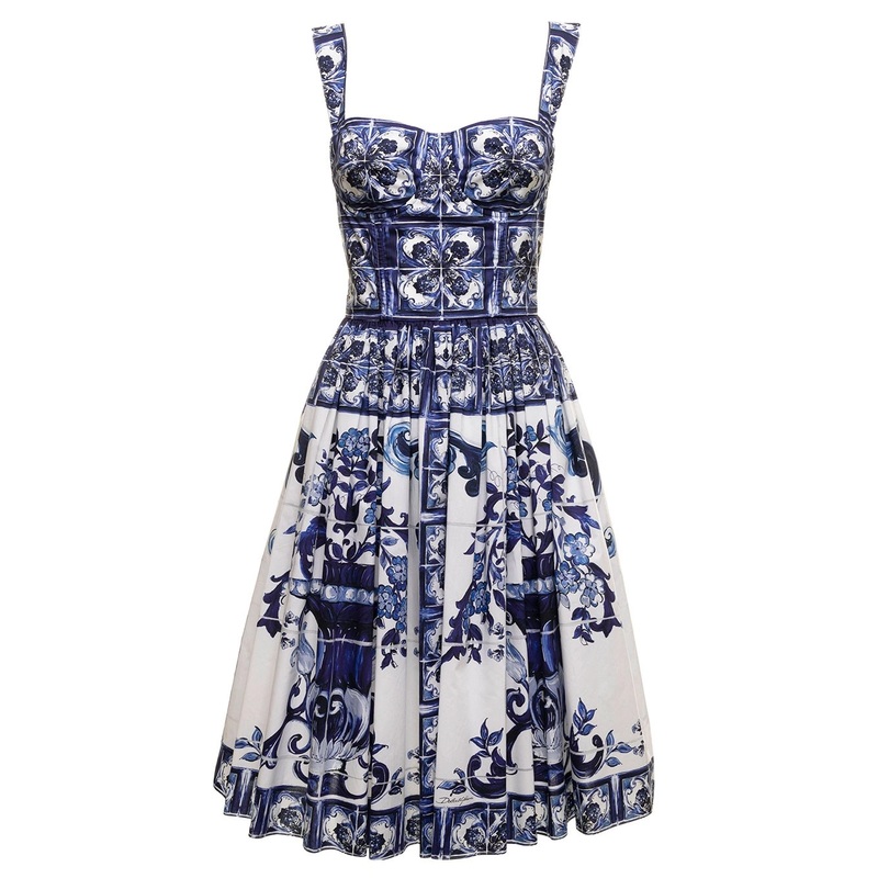 Maiolica  White and Blue Cotton Poplin Dress Dolce & Gabbana Woman