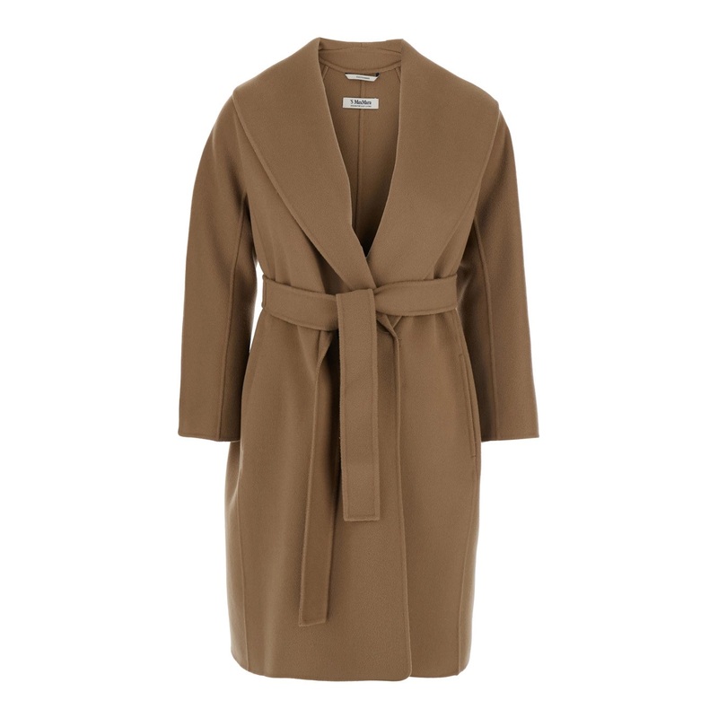 ‘Messi’ Beige Coat with Shawl Revers and Front Belt in Wool Woman