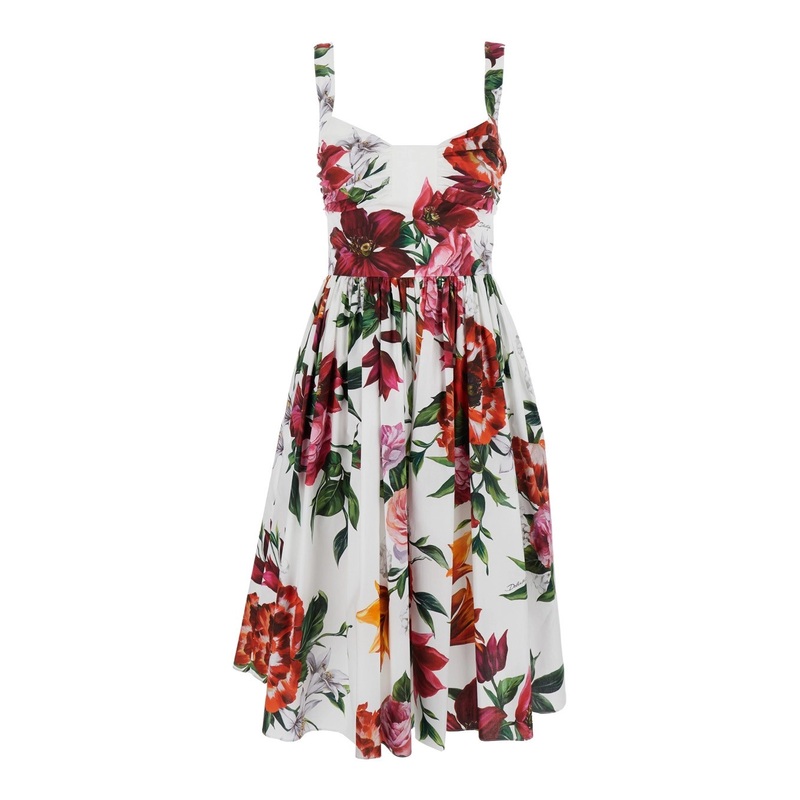 Multicolor Midi Dress with Wide Neckline and All-Over Floral Print in Cotton Woman
