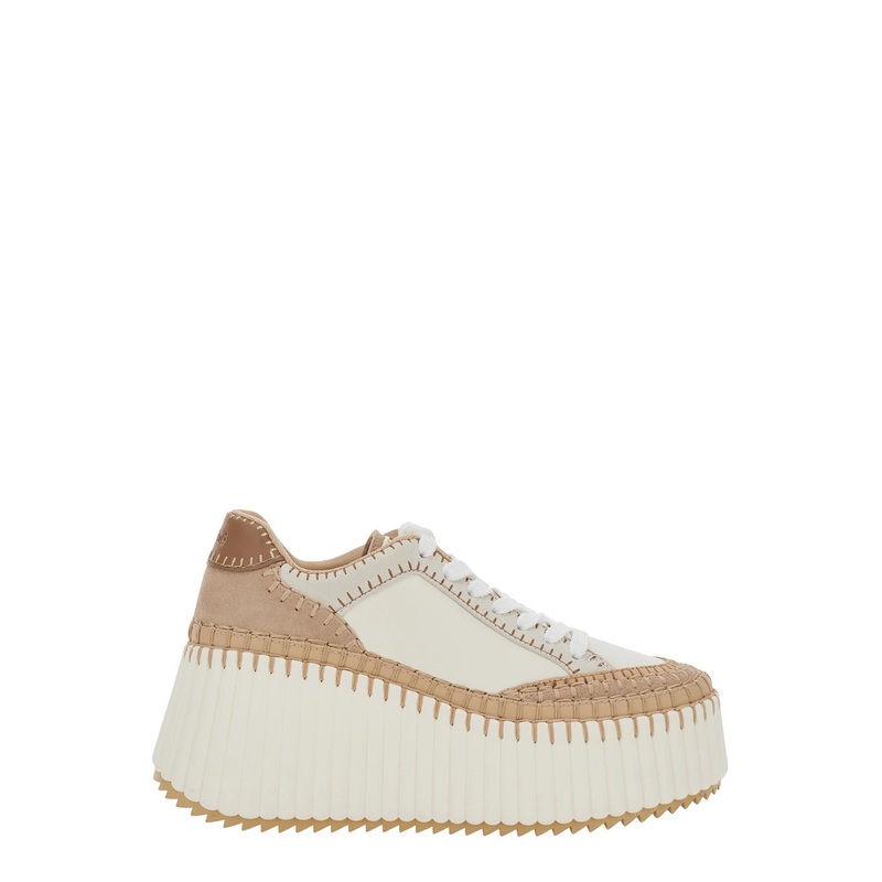 ‘Nama’ Beige Sneaker with Wedge and Stitching Details in Fabric Woman