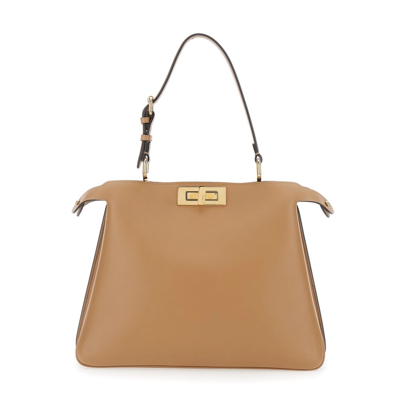 ‘Peekaboo Soft’ Beige Medium Handbag with One Adjustable and Removable Top Handle and Turn-Lock Closure on Both Sides in Leather Woman