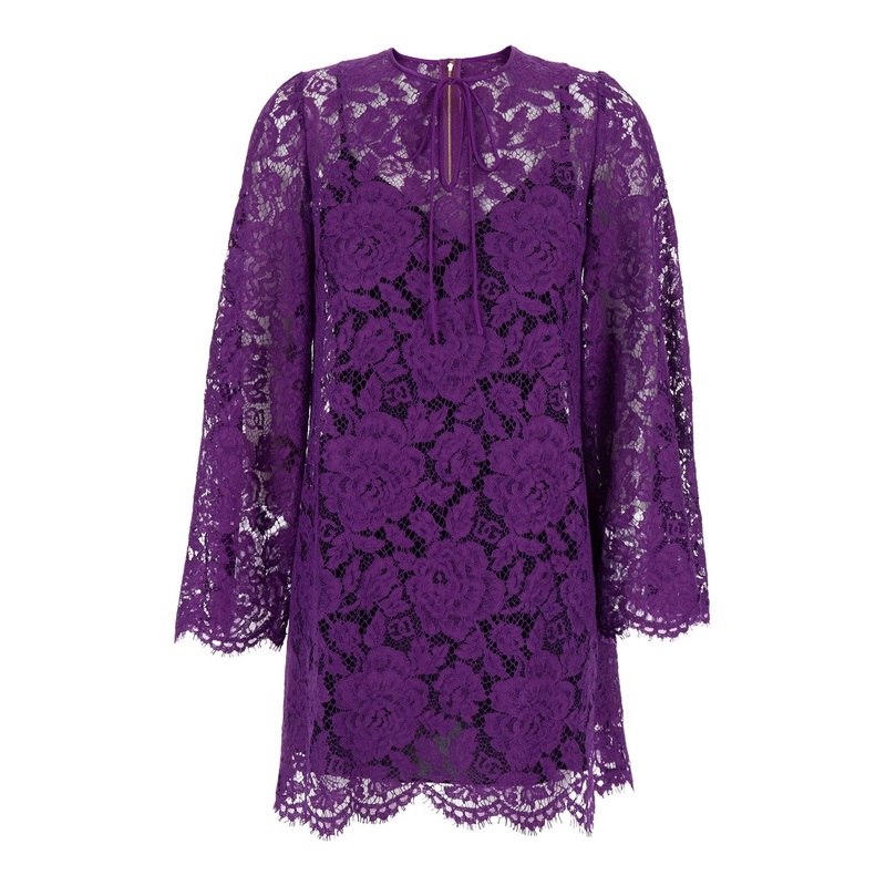 Violet Dress with Round Neck and All-Over Floral Embroidery in Cotton Blend Woman