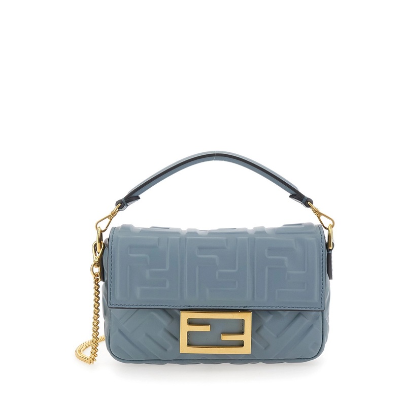‘Baguette’ Blue Handbag with Chain-Link Removable Shoulder Strap and All-Over Embossed FF Motif in Leather Woman