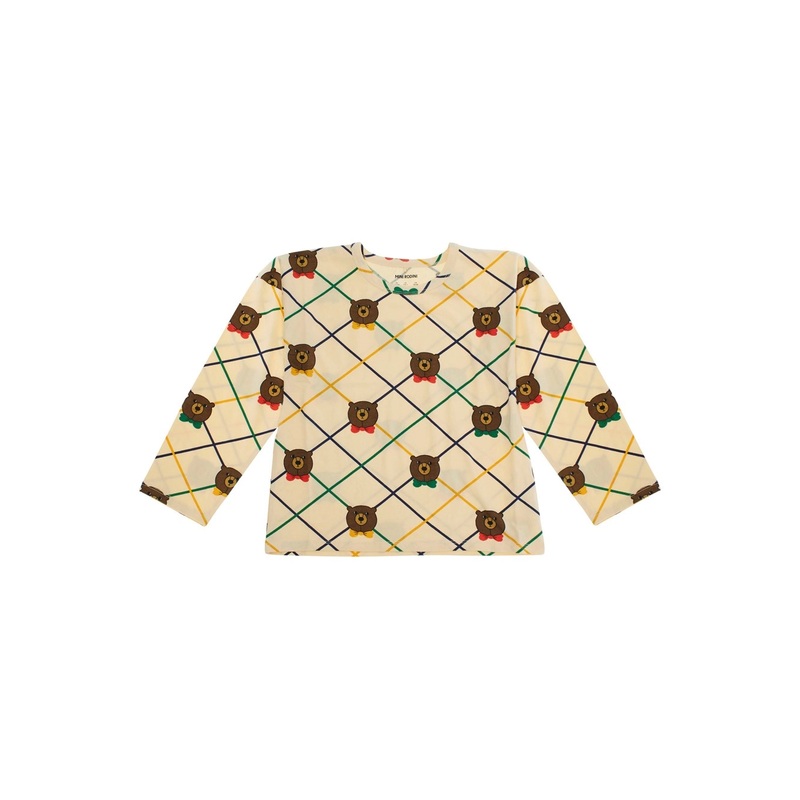 Beige Long-Sleeve T-Shirt with All-Over Check Motif and Bear Print in Cotton Girl