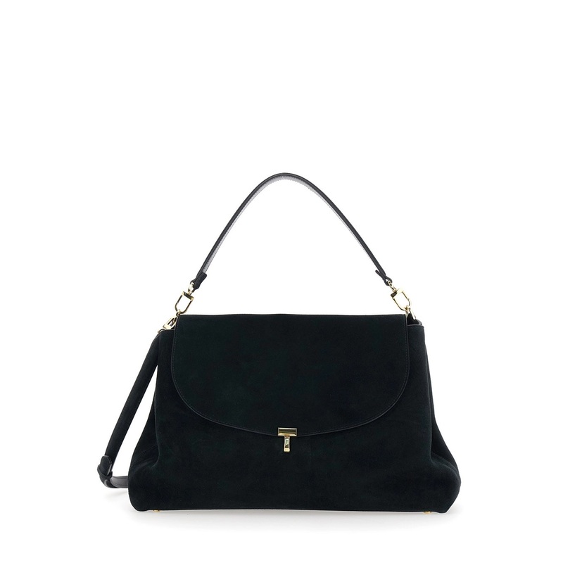 Black Shoulder Bag with Adjustable and Removable Shoulder Strap and Turn-Lock Closure on the Front in Suede Woman