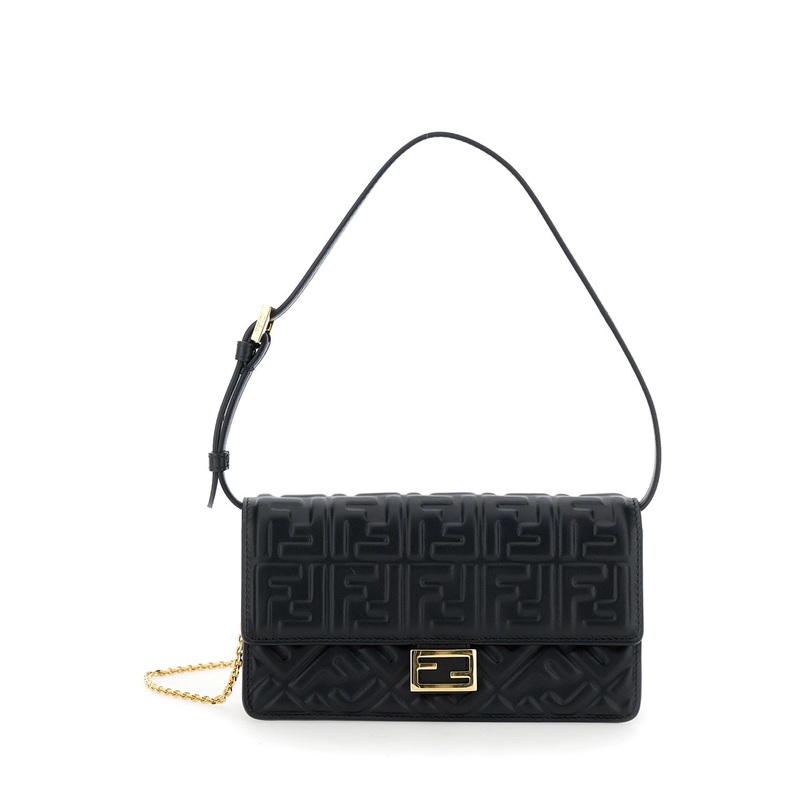 Black Wallet on Chain Baguette with All-Over FF Motif and FF Plaque in Leather Woman