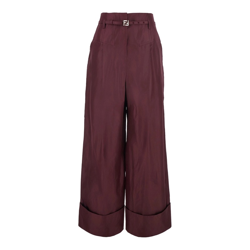 Bordeaux Pants with FF Buckle Belt and Maxi Turn-Up Hem in Silk Woman