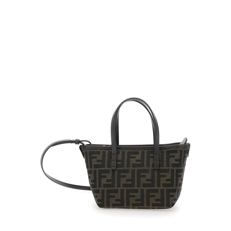 Brown Handbag with Adjustable Shoulder Strap and Top Zip Closure in FF Canvas Woman