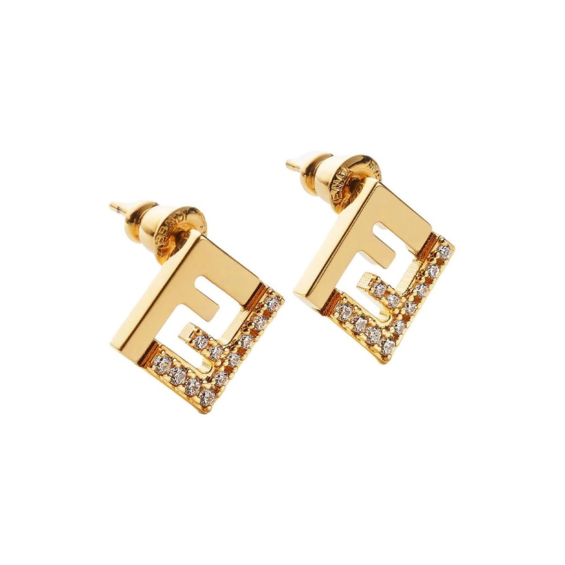 Gold Colored Earings with FF Silhouette and Crystal Embellishments in Brass Woman