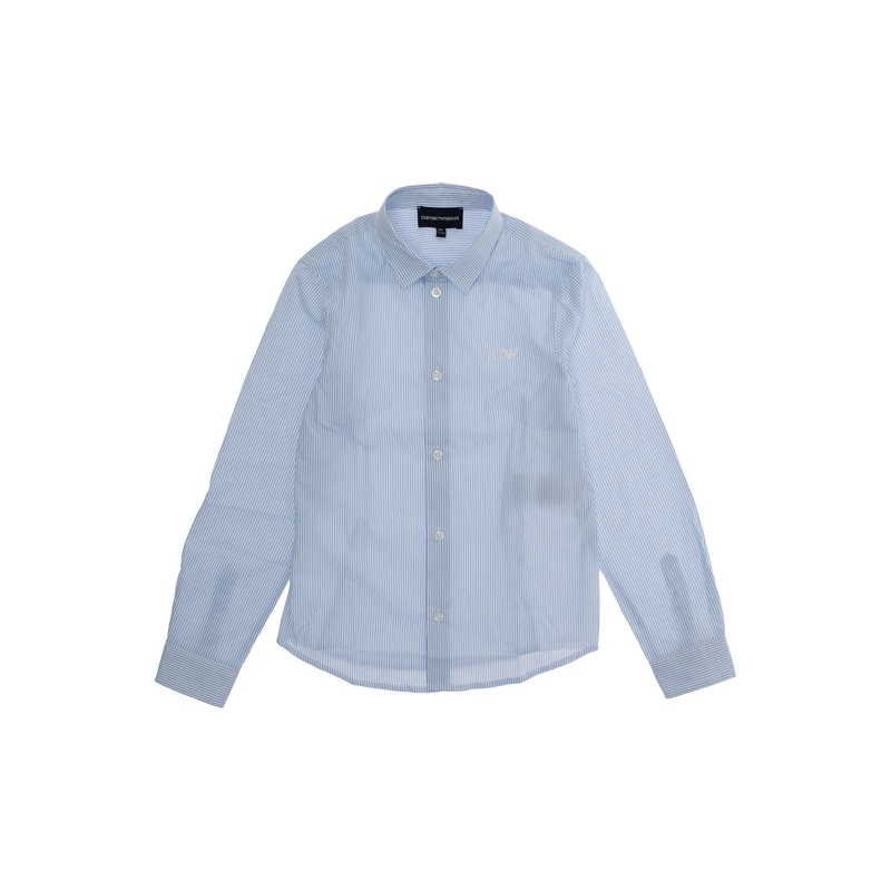 Light Blue Shirt with Logo Embroidery on the Front and All-Over Striped Motif in Cotton Boy