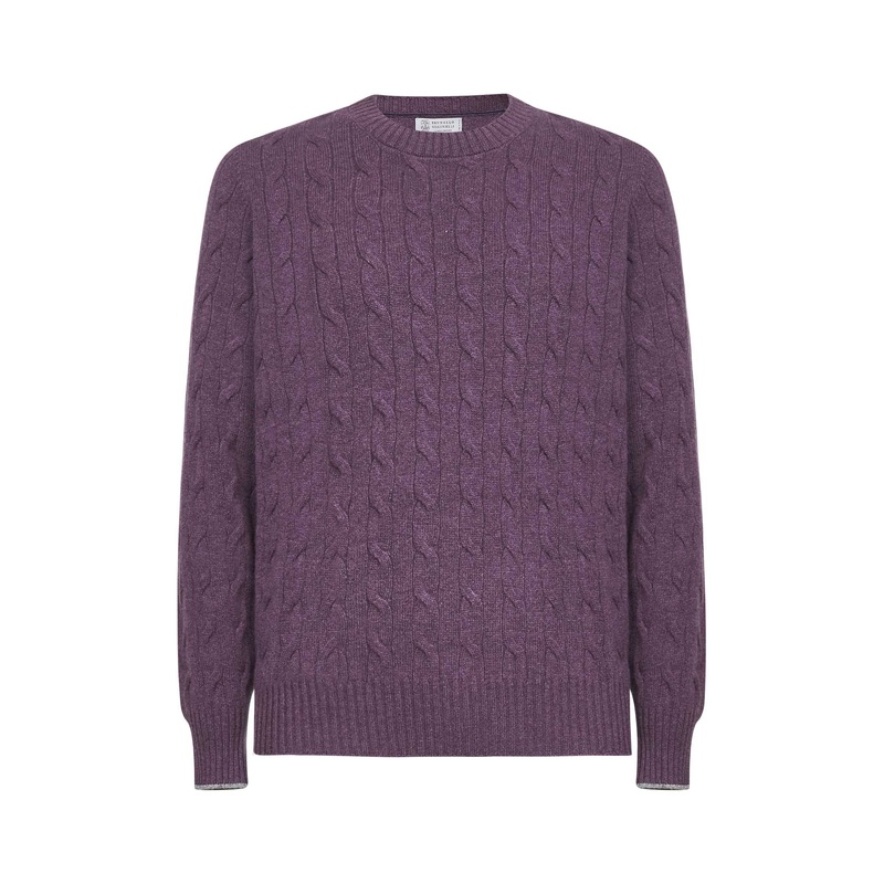 Purple Cashmere Cable-Knit Crewneck