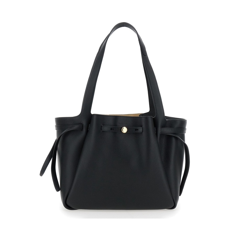 ‘Romy’ Black Tote Bag with Adjustable Drawstring Closure and Logo Detail on the Front in Grained Leather Woman