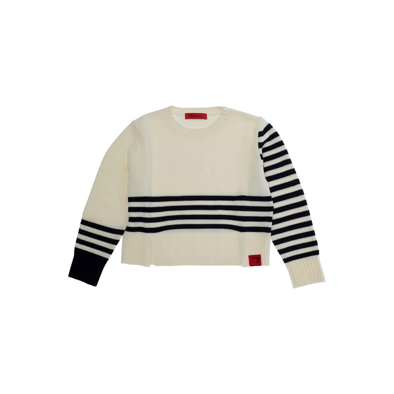 White Crew Neck Sweater with Striped Motif in Wool Blend Girl