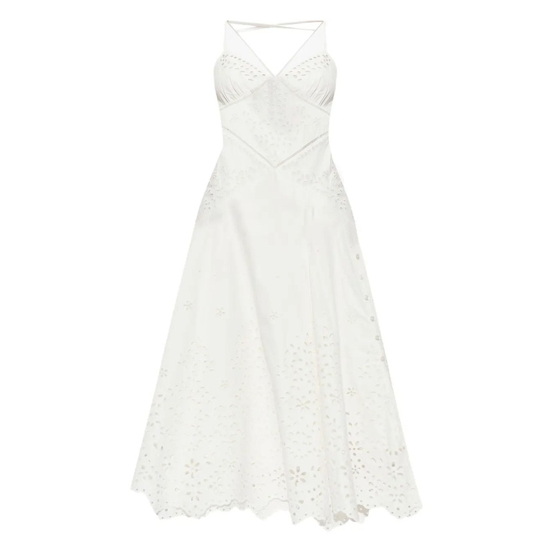 WHITE STRAP DRESS WITH LEAF EMBROIDERY