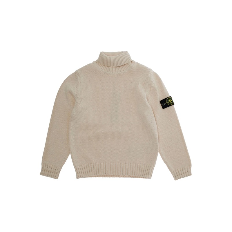 White Turtleneck Sweater with Ribbed Trims in Cotton Blend Boy