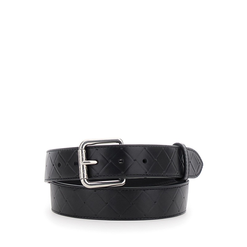 Black Belt with Intrecciato Motif and Buckle Closure in Leather Man