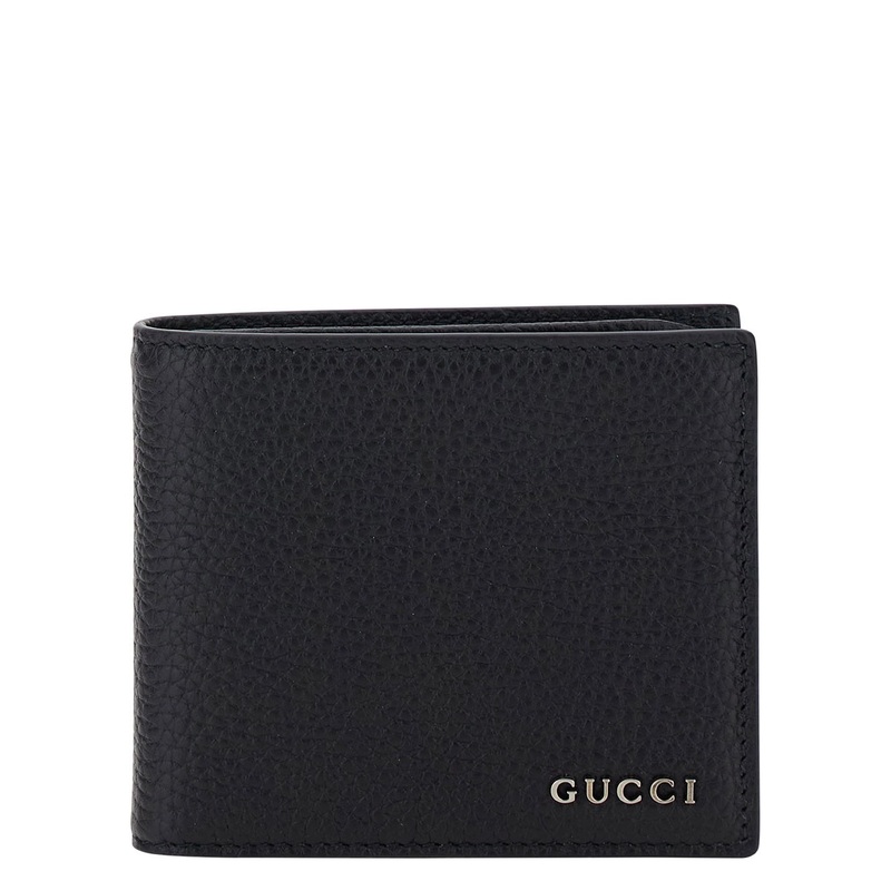 Black Bi-Fold Wallet with Logo Detail in Hammered Leather Man