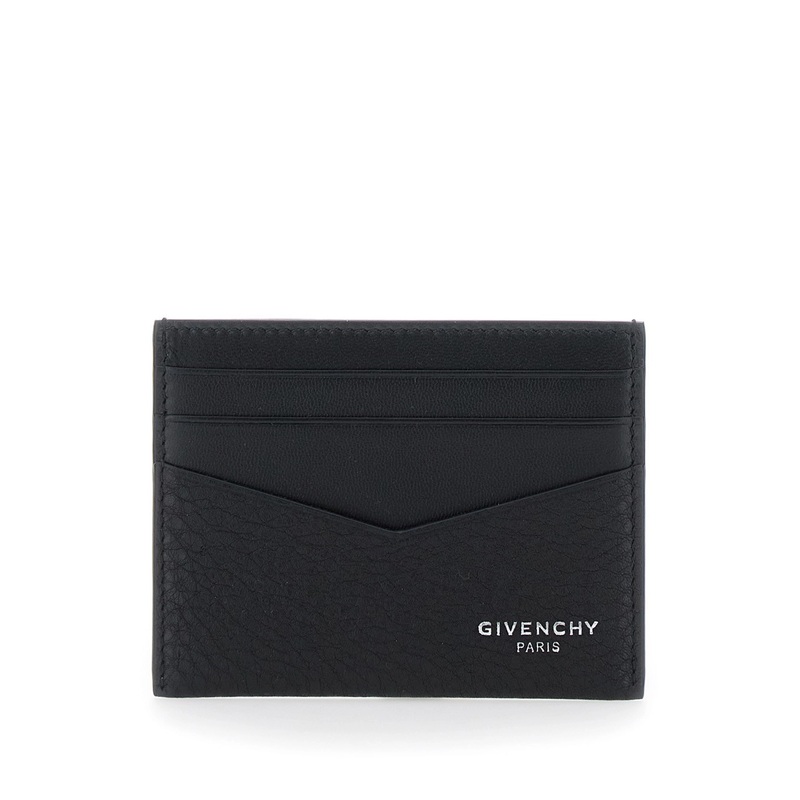 Black Card Holder with V Detail and Logo Lettering on the Front in Leather Man