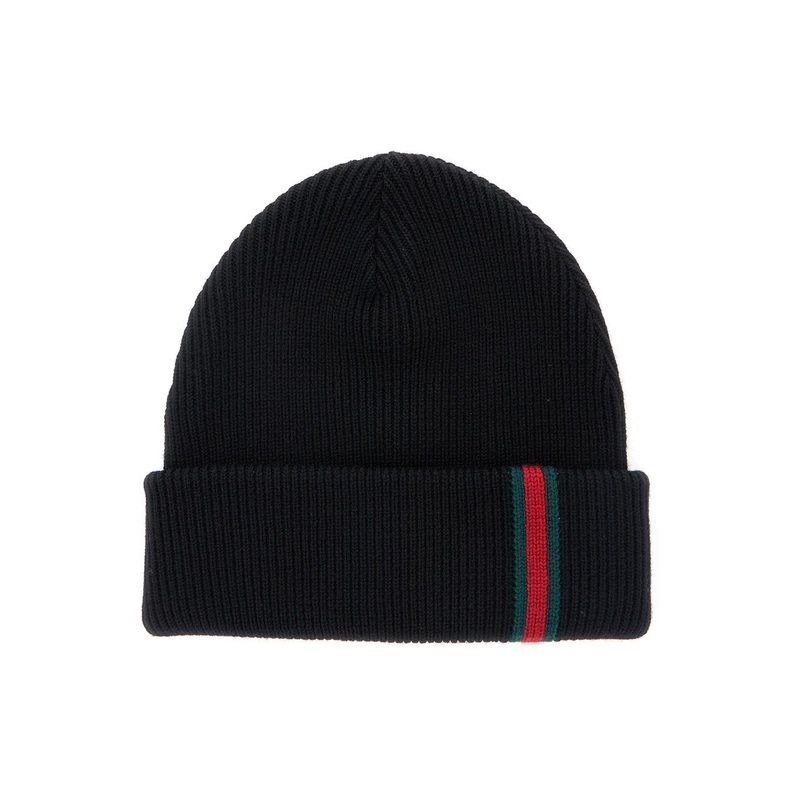 Black Ribbed Knit Beanie with Web Detail on the Front in Wool Man