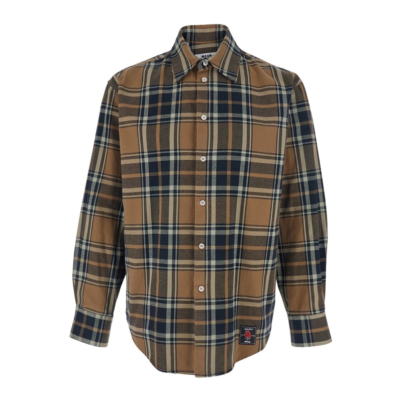 Brown Shirt with Logo Patch on the Front and All-Over Check Motif in Cotton Man
