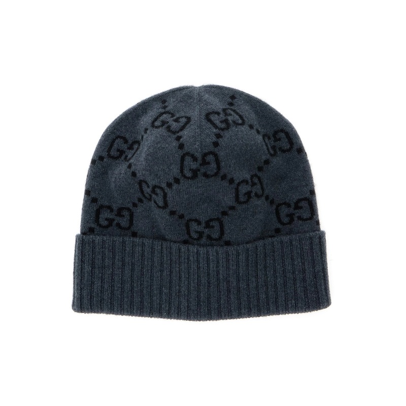 Grey Beanie with Turn-Up Brim in GG Jacquard Cashmere Man