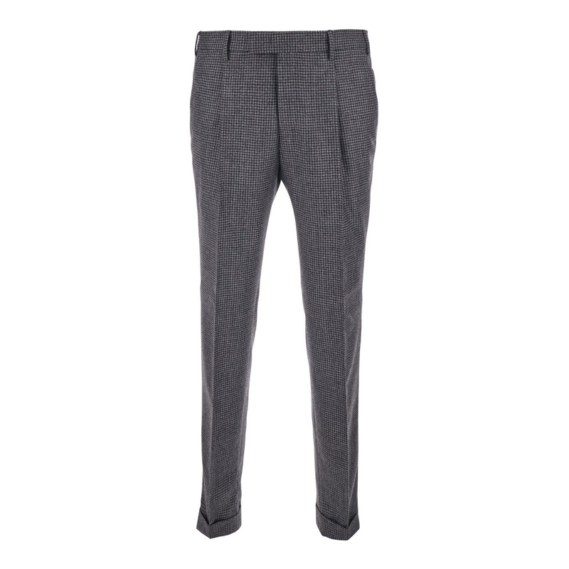 Grey Pants with Turn-Up Hem and All-Over Check Motif in Wool Stretch Man