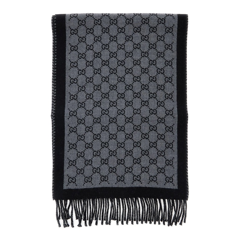 Grey Scarf with Fringed Hem and All-Over GG Motif in Wool Man