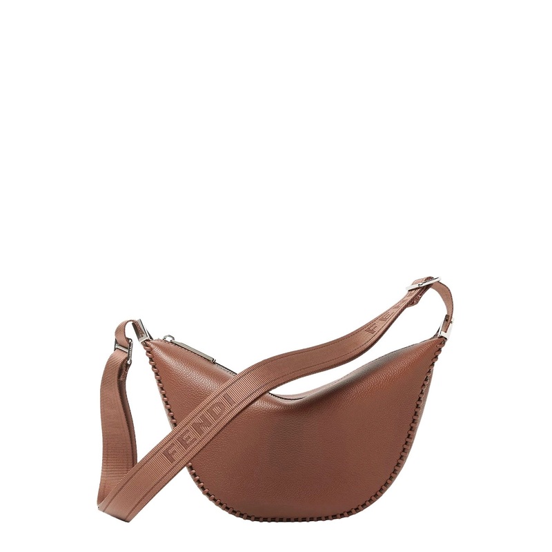 ‘Melon Small’ Brown Crossbody Bag  With Logo Strap And Metallic FFs On The Sides In Leather Man