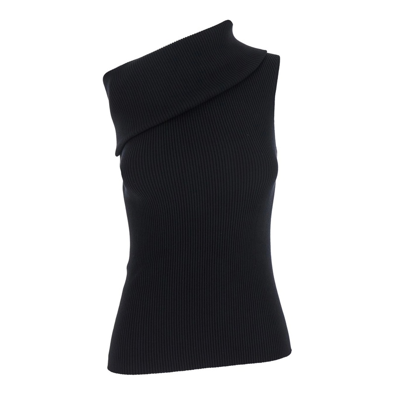 ‘Athena’ Black Ribbed Knit Asymmetric Top with Wide Neckline in Cotton Knit Woman