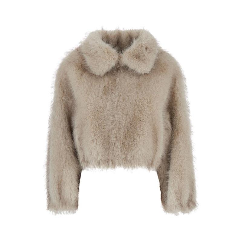 Beige Bomber Jacket with Wide Collar in Faux Fur Woman