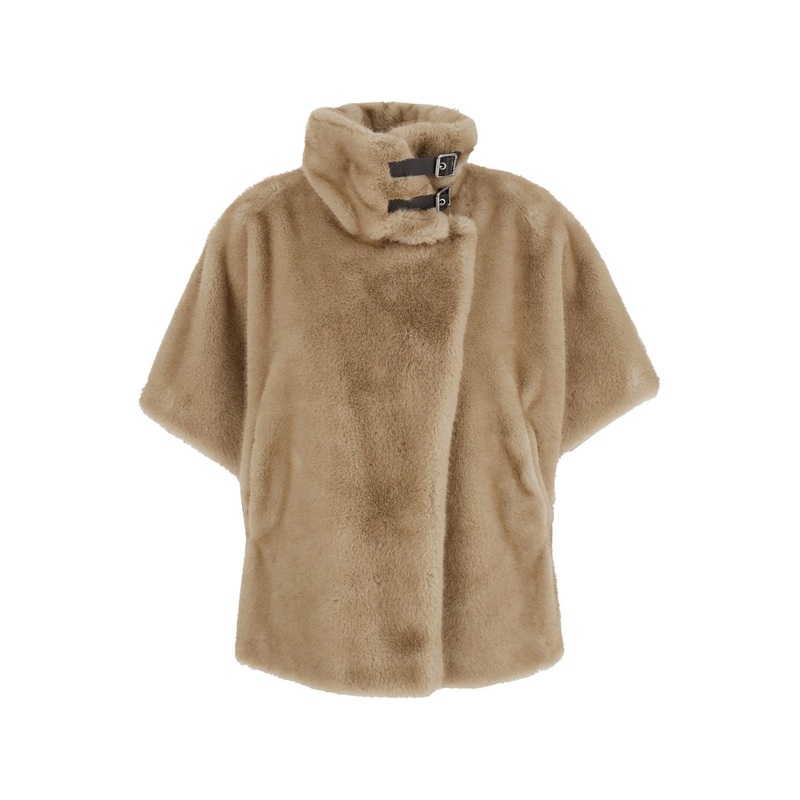 Beige High Collar Hood with Strap Closure in Eco Fur Woman