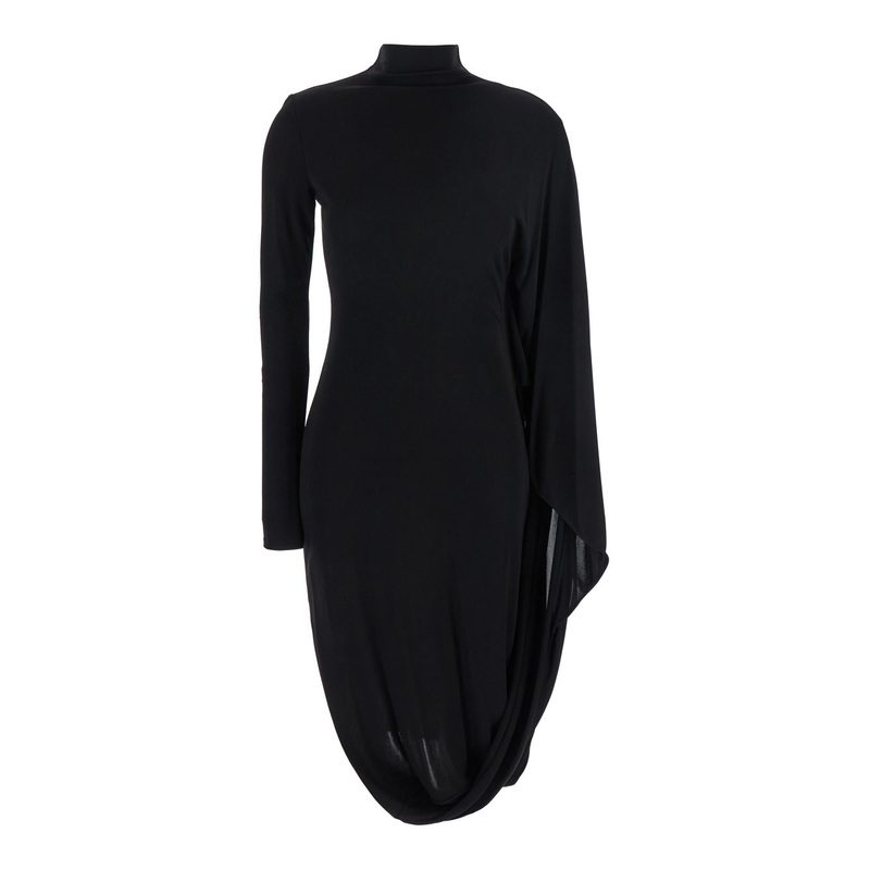 Black Asymmetric Midi Dress with High Neck and One Cape Sleeve in Viscose Woman