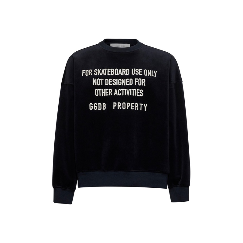 Black chenille embroidered lettering sweatshirt