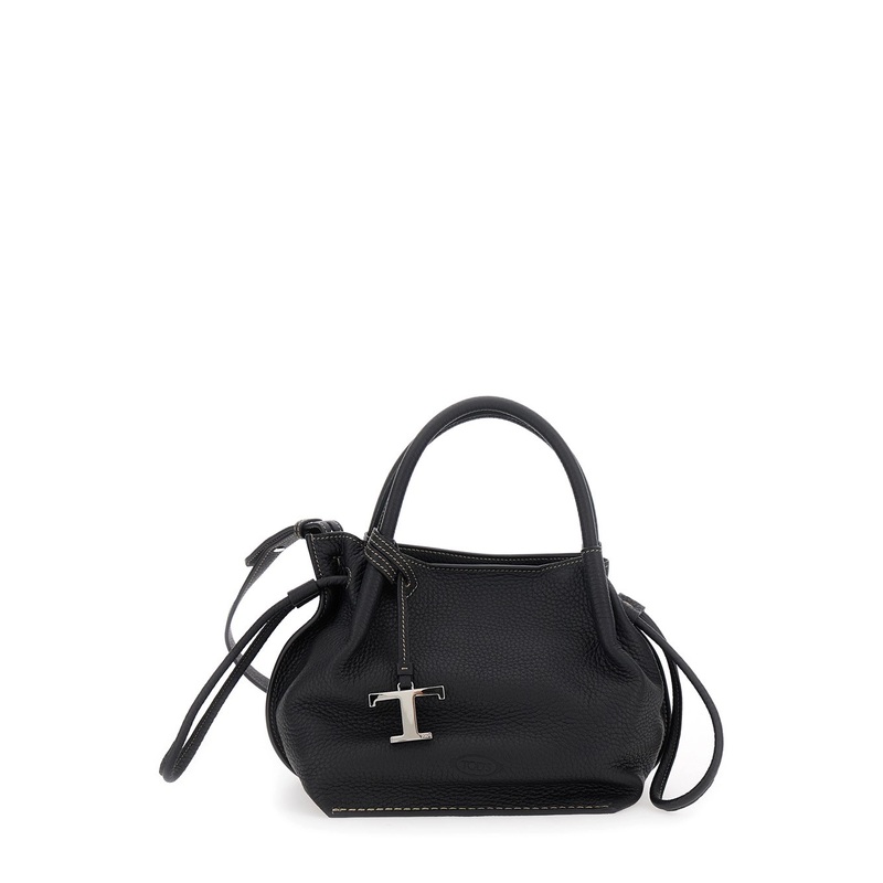 Black Handbag with Drawstring Closure and Adjustable Shoulder Strap in Grained Leather Woman