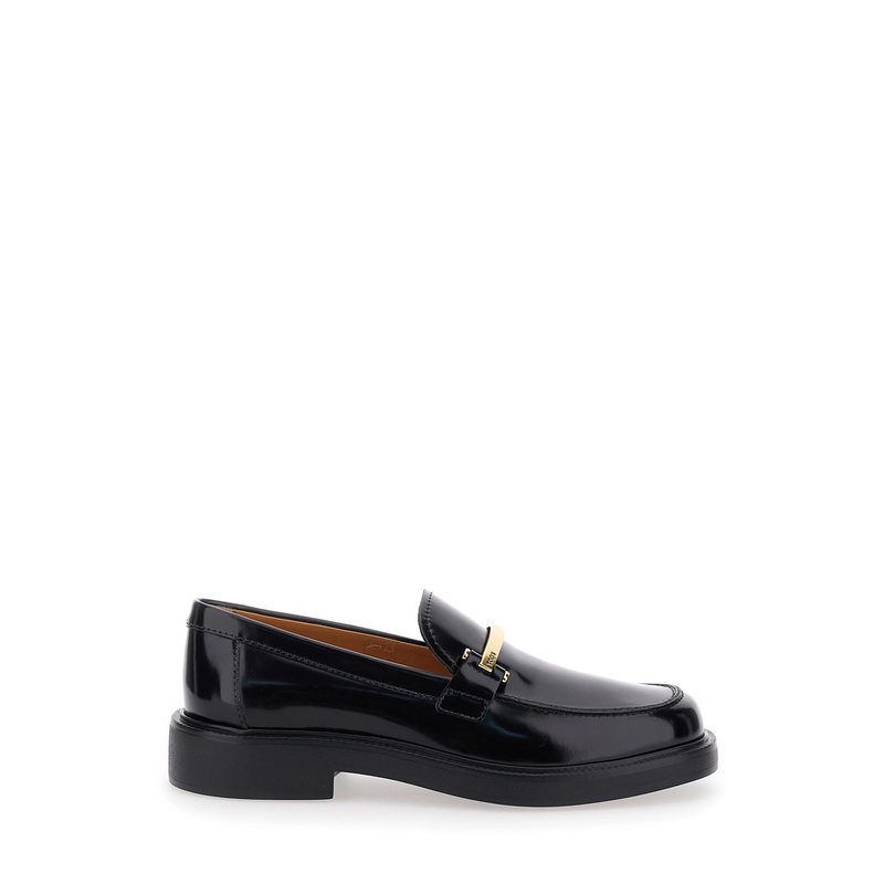 Black Loafers with Logo Plaque in Leather Woman