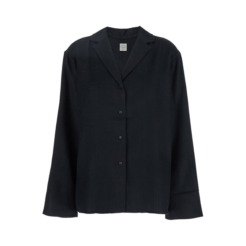 Black Shirt with Classic Lapels and All-Over Monogram Print in Modal Woman